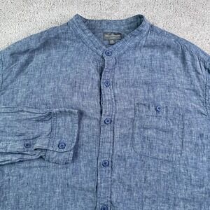 LL Bean Shirt Mens 2XL XXL Blue Linen Signature Slim Fit Band Collar Button Up